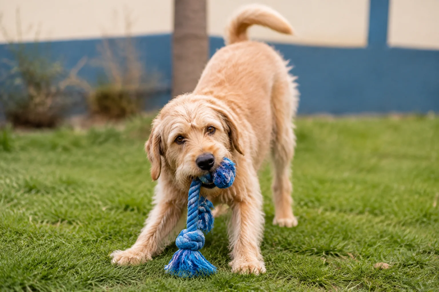 Illustrative scruffy dog playing with a blue rope toy